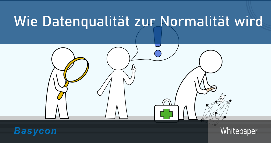 Cartoon mit 3 Personen, eine analysiert mit einer Lupe, eine erklärt und eine behandelt einen Datenwürfel.